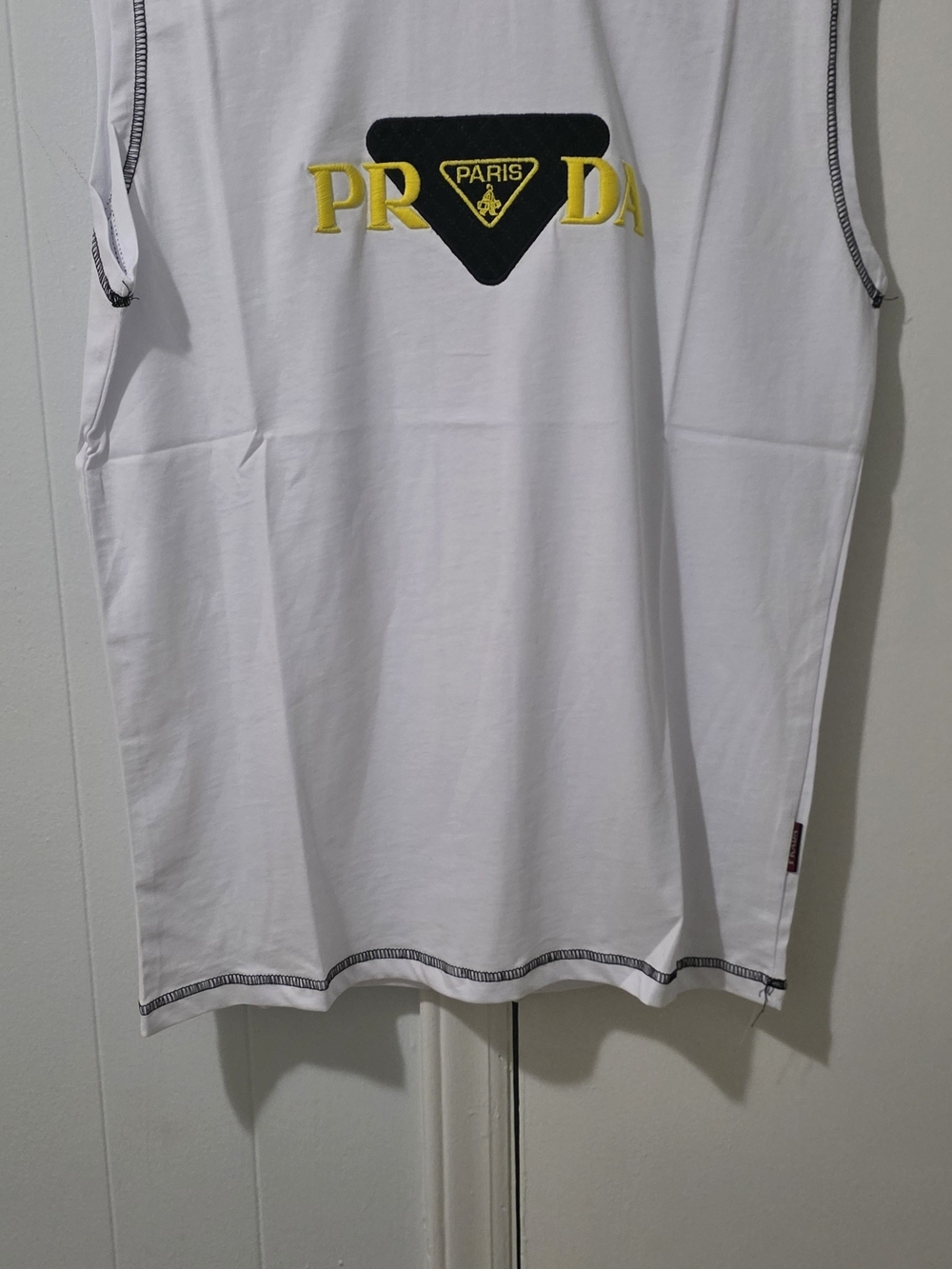White Sleeveless Men's Shirt with Yellow & Black Logo